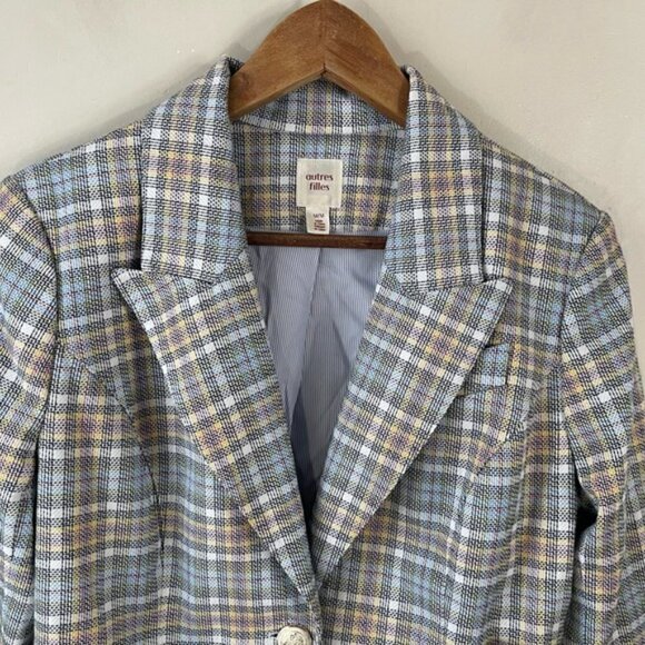 AUTRES FILLES blue/yellow Plaid unstructured gold hardware Blazer Jacket Size M - Picture 3 of 13